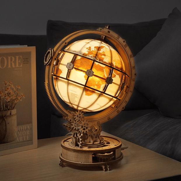 Globe lumineux la nuit en puzzle 3D en bois
